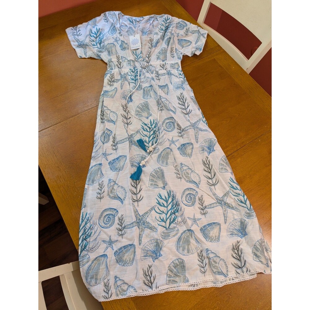 NWT Blue Island Beach Maxi Cover Up Dress Small Seashell Starfish Cotton Coastal